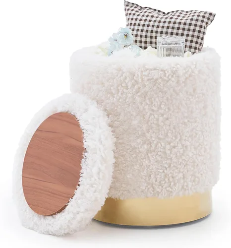 Vista 16 de Mxfurhawa Taburete otomano de terciopelo multiusos con base de metal, moderno taburete redondo para tocador, taburete otomano, soporte acolchado