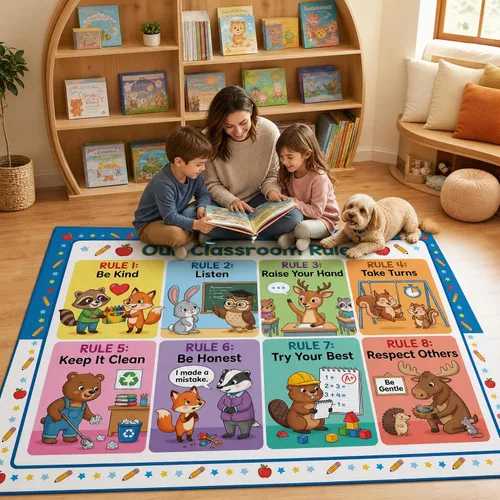 Alfombra de aula para niños, tapete de aprendizaje educativo con reglas Azul y blanco