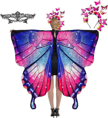 plainshe Alas de mariposa, alas de hadas para adultos, disfraz de mariposa, disfraces de Halloween para mujer, juego de 3 capas de mariposa.