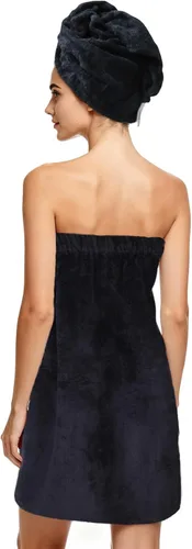 Vista 3 de Super Absorbent Quick Dry Spa Bath Wrap Shower Skirt and Hair Drying Turban - 2pc Set (One-Size, Black)