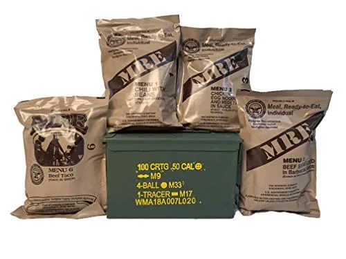 Ozark Outdoorz, LLC 4 Pack Militar MRE (Comidas-Listo para Comer) 2021 Fecha de Inspección Embalada en Complementario USGI Grado 1 50 Cal Usado