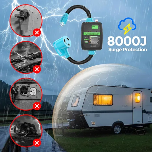 Vista 5 de CircleCord Cable adaptador protector contra sobretensiones RV de 30 amperios a 110 voltios, 8000 julios, NEMA TT-30R a 5-15P, protección contra