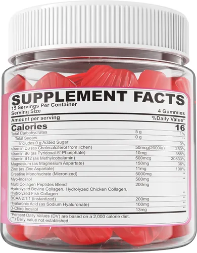 Vista 8 de Gomitas de creatina para mujeres, monohidrato de creatina micronizada + mio-inositol, péptidos de colágeno, BCAAs, ácido hialurónico, vitamina B6