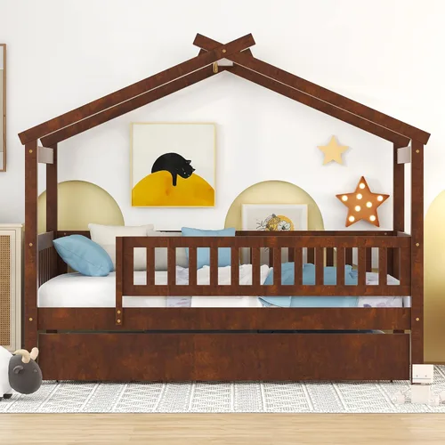 Vista 71 de Merax Cama de madera de tamaño individual con dos cajones, marco de cama de madera con techo para niños, adolescentes, niños o niñas, gris
