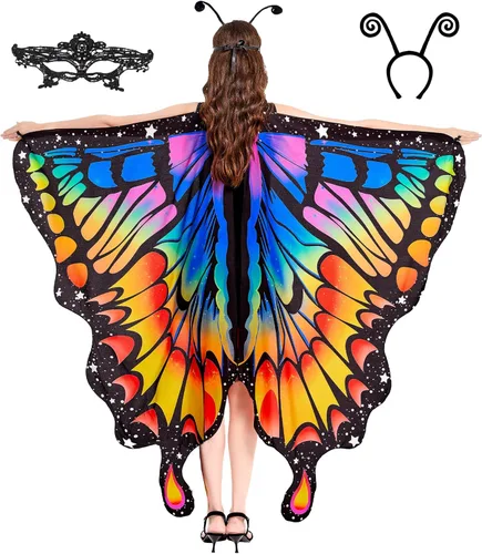 Vista 2 de Tibeha ButterflyWingsforWomen Kids - Double-SidedPrintingCostumeHalloweenGirls CapewithMaskandAntennaHeadband