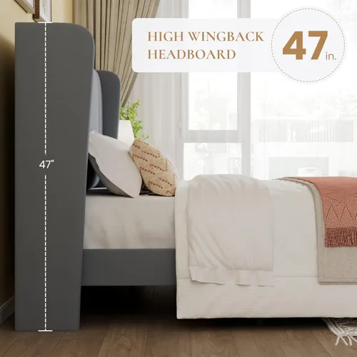 Vista 5 de SHA CERLIN Base de cama tapizada de terciopelo de tamaño matrimonial con cabecera de ala capitonada de canal vertical, soporte de listones