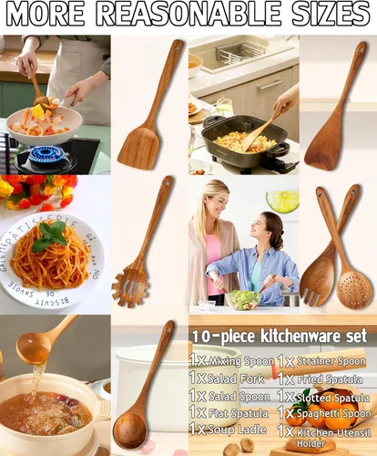 Vista 4 de Cucharas de madera para cocinar, juego de utensilios de cocina de madera, juego de 10 piezas de utensilios de cocina de madera con cucharas