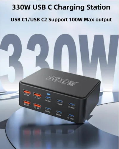 Vista 2 de Estación de carga USB C de 330 W, cargador USB C, 10 puertos de alimentación para múltiples dispositivos con PD 100 W, 65 W, 30 W, QC3.0, 18 W