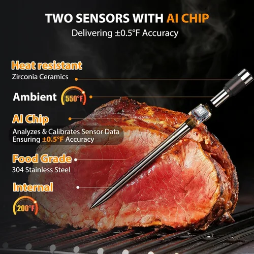 Vista 2 de Termómetro inalámbrico para carne con 2 sondas y rango de 800 pies – Termómetro inteligente Bluetooth para parrilla de barbacoa con base