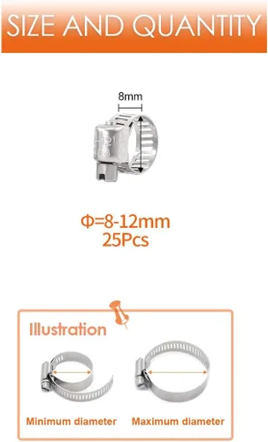 Vista 2 de Pinzas de abrazadera de manguera de engranaje helicoidal ajustables [8 a 0.472 in], kit surtido de abrazaderas para tubería de combustible, acero