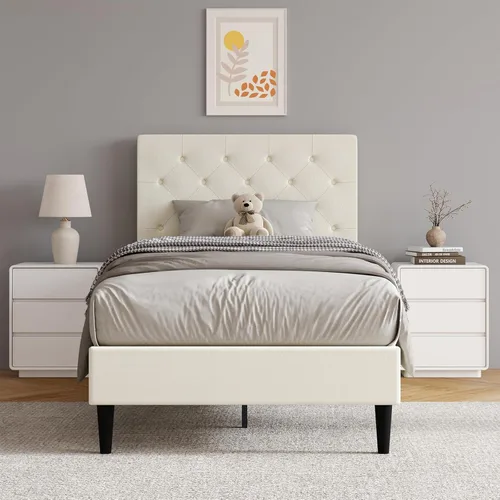 Vista 18 de HOMBCK Base de cama de tamaño individual con cabecera, base de cama tapizada con plataforma de lino para niños, base de cama de tamaño individual