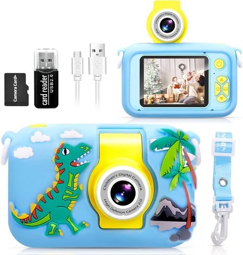 ARNSSIEN Cámara para niños pequeños con lente abatible de 180°, pantalla IPS de 2.4 pulgadas, cámara digital para niños de 3 a 12 años, tarjeta de