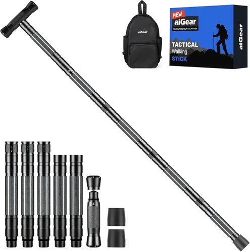 aiGear G3 Tactical Walking Stick Self Defense, Upgraded Durable Hiking Stick with Multitool Adjustable 5-8 Tubes Modular Design for Hiking Camping
