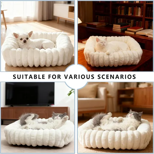 Vista 4 de Dog Beds for Very Small Dogs & Cats - Washable Rectangle Comfy Sleeping Puppy Bed Cuddler with Anti-Slip Bottom, Soft Calming Plush Pet Sofa Bed for