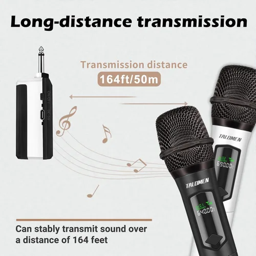 Vista 5 de talomen Micrófonos inalámbricos, micrófono profesional de karaoke dual para cantar, sistema de micrófono dinámico inalámbrico de mano con receptor