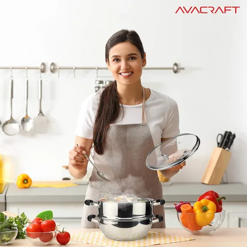 Vista 7 de AVACRAFT 18/10, 3 Piece Stainless Steel Steamer Cooking Pot & Pan Set with Glass Lid, Momo Maker, Induction