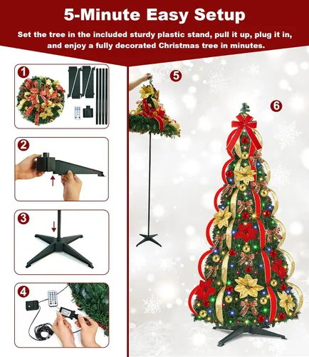 Vista 3 de Árbol de Navidad preiluminado de 7 pies, árbol de Navidad artificial plegable con 250 luces LED blancas cálidas, control remoto, 11 modos