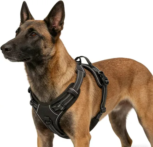 Vista 5 de Arnés negro reflectante sin tirones para perro con 2 clips para correa, chaleco acolchado suave para perros pequeños, fácil de poner y quitar