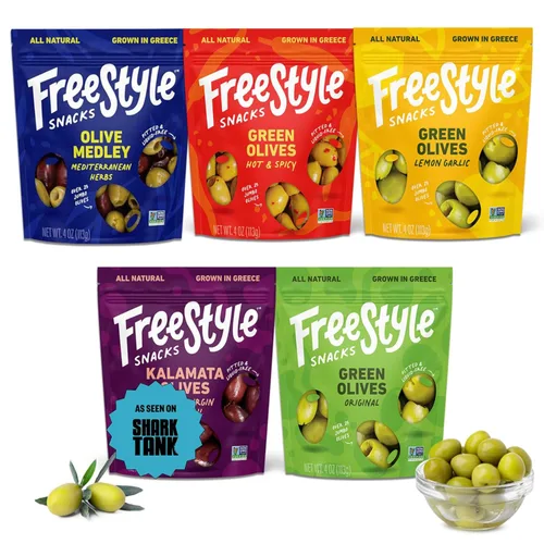 Freestyle Snacks Paquetes de aceitunas para aperitivo - Como se vio en Shark Tank - Aceitunas verdes y Kalamata frescas sin hueso, 5 sabores,