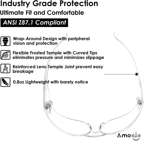 Vista 4 de amoolo Gafas de seguridad transparentes a granel de 12, gafas protectoras para hombres y mujeres, resistentes a arañazos e impactos, protección