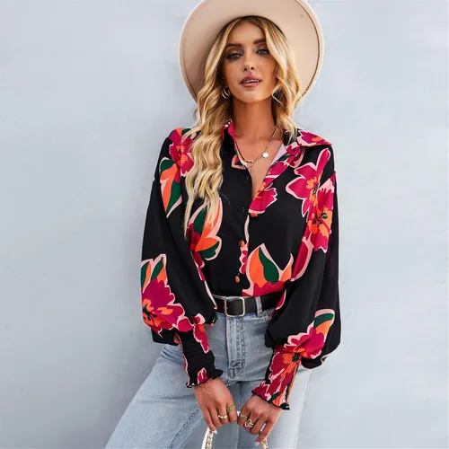 Vista 5 de AELSON Blusa de manga larga con cuello en V y estampado floral para mujer, estilo bohemio, con botones