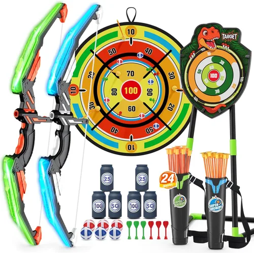 Vista 11 de Arco y flecha para niños, juego de tiro con arco con luz LED con 12 flechas de ventosa, 1 blanco de pie, 3 blancos de puntuación y 1 carcaj, regalos