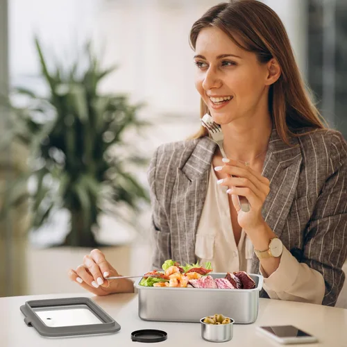 Vista 2 de Bakpoco Caja Bento de acero inoxidable para adultos, recipientes de metal a prueba de fugas de 42 onzas con divisor ajustable, apta para microondas