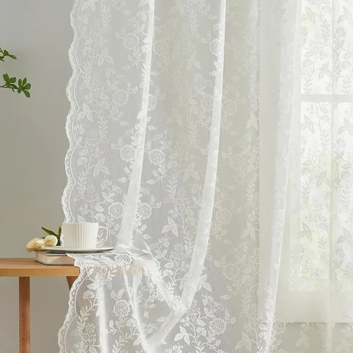 Vista 16 de FINECITY 2 paneles de cortinas de encaje beige de 36 pulgadas de largo con hojas florales rústicas, cortinas cortas y transparentes para ventana