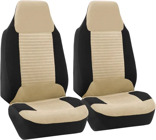 TLH Juego de fundas de asiento de tela de alta calidad, compatibles con bolsas de aire, color beige, ajuste universal para automóviles, camiones, SUV