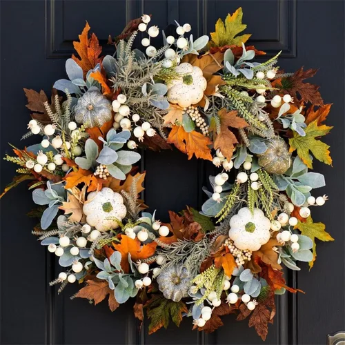 Vista 4 de Coronas de otoño de 17.7 pulgadas para puerta delantera, coronas de puerta de otoño para exteriores, corona floral y de temporada, decoración