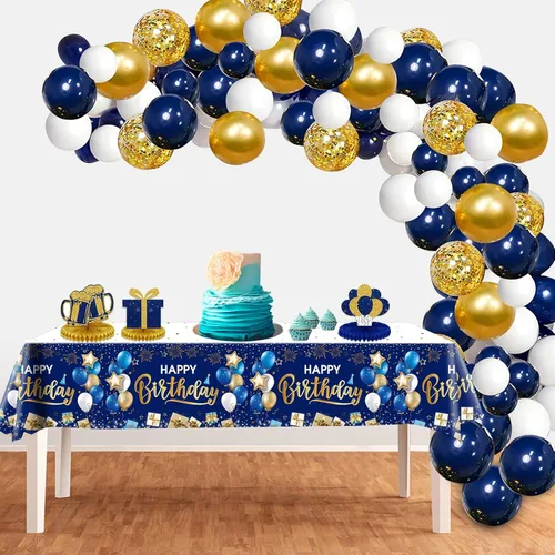 Vista 4 de DUAIAI Decoraciones de feliz cumpleaños, 1 mantel de cumpleaños azul marino y dorado para niños, niñas, hombres y mujeres, funda rectangular