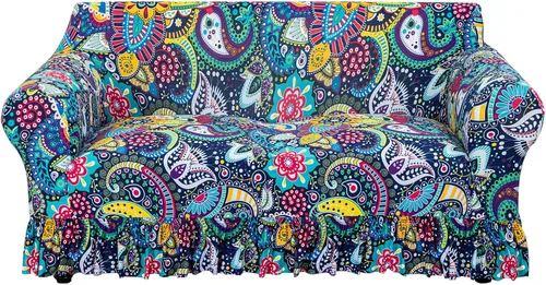 Vista 10 de FUANGUI Funda para Sofá de 1 Pieza, Funda Elástica para Sofá Estampada para Sofá de 3 Cojines con Falda Apta para Mascotas, Fundas de Sofá Lavables