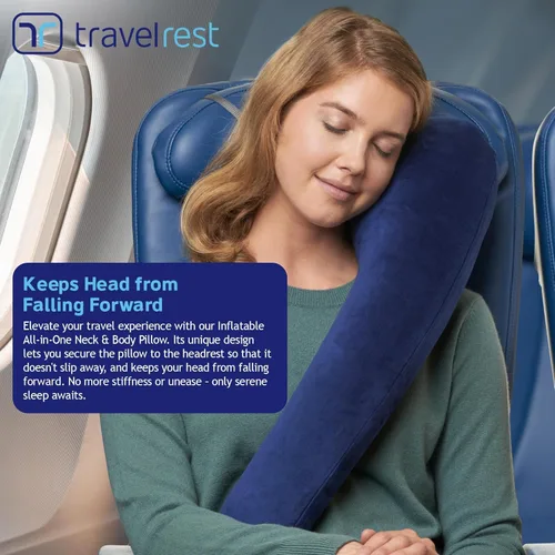 Vista 3 de Almohada de viaje TravelRest Todo-en Uno Premium – Incluye cubierta lavable de tejido suave con cierre y está rellena de espuma viscoelástica., Azul