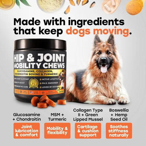 Vista 3 de Glucosamina condroitina para perros – Suplemento de cadera y articulaciones con MSM, cáñamo y cúrcuma – Masticables de movilidad avanzada