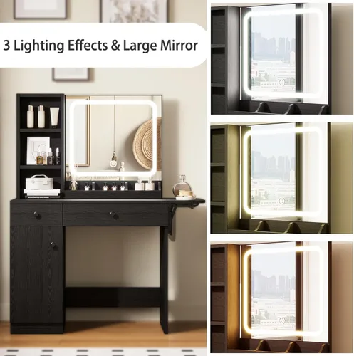 Vista 4 de IRONCK Escritorio de tocador con espejo iluminado LED y toma de corriente, mesa de maquillaje con cajones y gabinete, taburete de almacenamiento