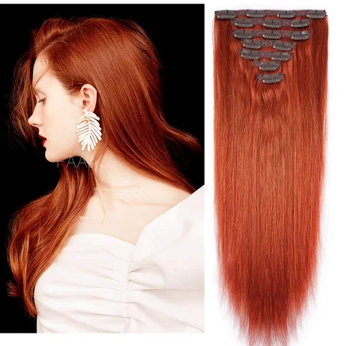 Vista 15 de Extensiones de cabello humano con clip de 14 pulgadas, 4.33 oz, 7 piezas, 16 clips, color marrón chocolate, doble trama, extensiones de cabello Remy