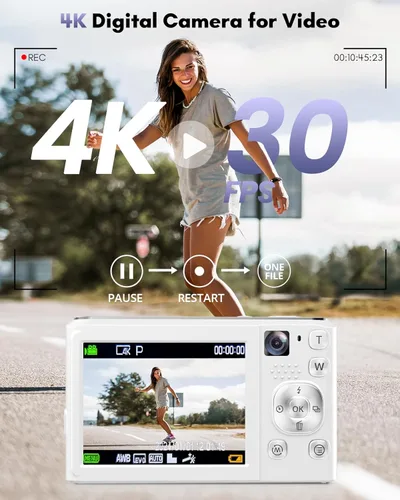 Vista 4 de Cámara digital 4K, cámaras de enfoque automático de 48 MP para fotografía, cámara compacta de vlogging con cámara frontal y trasera, cámaras