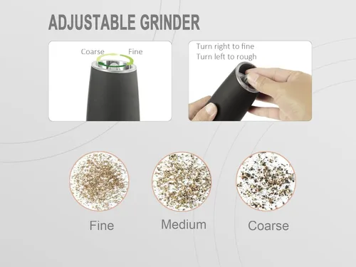 Vista 5 de Gravity - Juego de molinillo eléctrico de sal y pimienta, molino automático a pilas, agitadores de grosor ajustable, recipiente transparente, luces