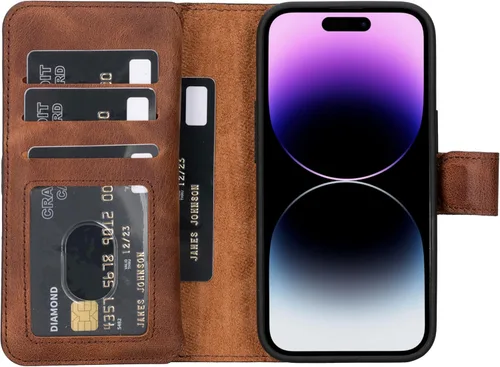 Vista 19 de HARDISTON Funda de piel auténtica de alta calidad hecha a mano para iPhone XR, tarjetero doble, funda magnética desmontable, función atril Marrón