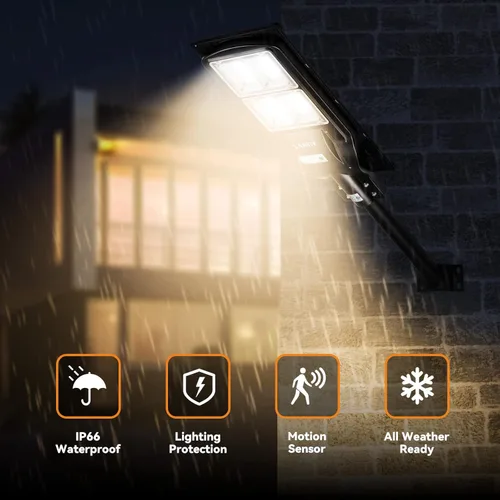 Vista 5 de LANGY Luces solares de 3000 K de color blanco cálido para exteriores, luces de estacionamiento comercial, luces amarillas, 180 LED chips de luz