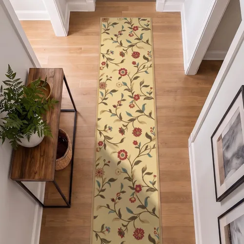 Vista 15 de Ottomanson, colección OttoHome, tapete para corredor con diseño azul claro y damasco (antiderrapante), parte trasera de goma Floral Beige