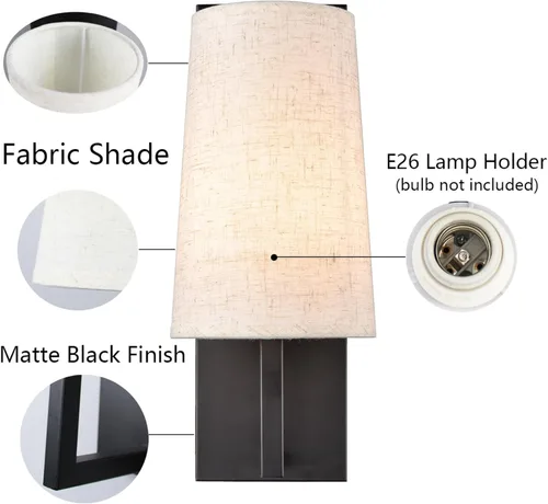 Vista 3 de Juego de dos apliques de pared negros de granja modernos con cable de 1 luz negra mate con pantalla de tela, iluminación de pared para dormitorio