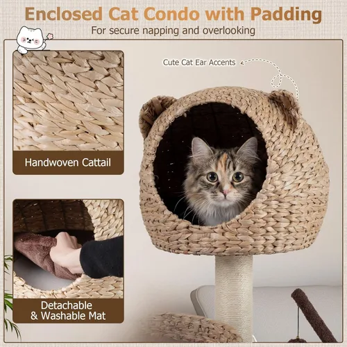 Vista 5 de Tangkula Moderna torre de árbol para gatos, centro de actividades de varios niveles con postes rascadores de sisal natural, hamaca, hecho a mano