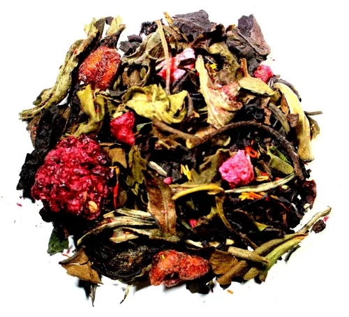 Nelson's Tea - Granada de mora - Té blanco de hojas sueltas - Té negro, té blanco, escaramujos, hojas de mora y cártamo (muestra)
