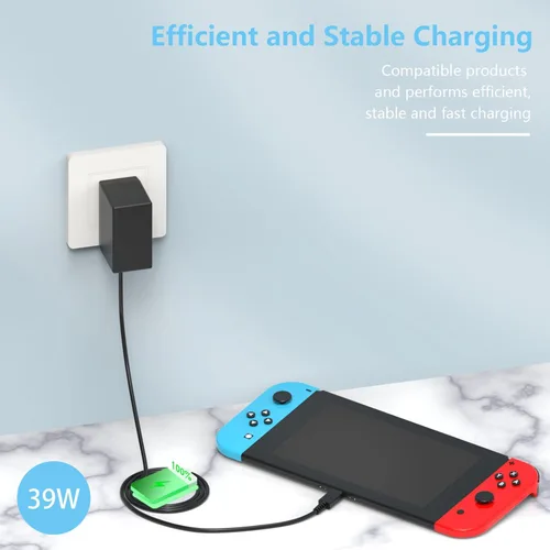 Vista 4 de Cargador de interruptor para Nintendo Switch, 39 W, 15 V, 2.6 A, cable de alimentación de CA, adaptador de cable de cargador para Nintendo Switch