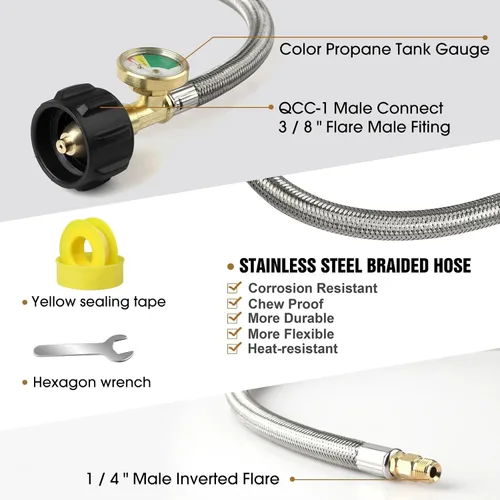 Vista 5 de Regulador de gas propano LP de cambio automático de 2 etapas con 2 paquetes de mangueras de propano RV Pigtail de 18 pulgadas con manómetro + 1
