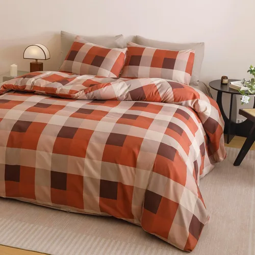 Vista 25 de CLOTHKNOW Juego de edredón de 3 piezas a cuadros color beige óxido, tamaño Full, juego de ropa de cama de cuadros edredón terracota con 2 fundas