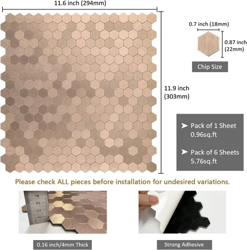 Vista 2 de Azulejo hexagonal para salpicaduras de pelar y pegar, azulejos de pared de aluminio cepillado de cobre claro para cocina (12 hojas)