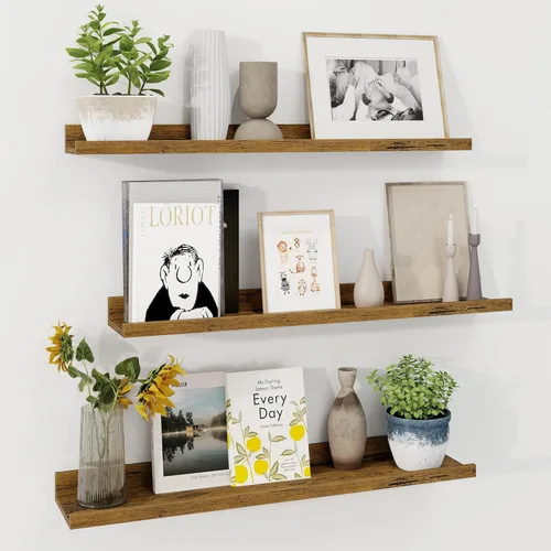 Vista 23 de Axeman Estante de repisa para cuadros Juego de 3 estantes flotantes negros de 16 pulgadas Estantes de pared de madera rústica con borde