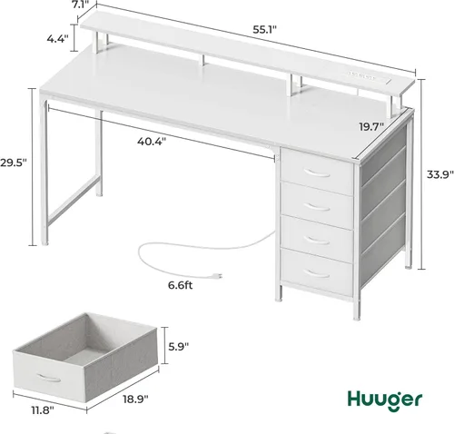 Vista 2 de Huuger 55 Inch Computer Desk with Power Outlets and LED Lights, Gaming Desk with 4 Drawers, Office Desk with Monitor Stand, Study Work Home Office